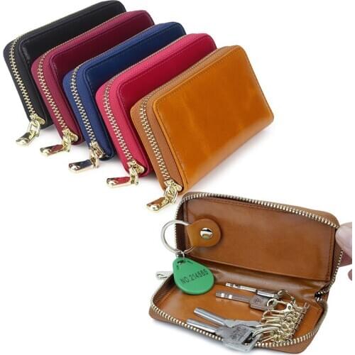 Fashion Oil Wax Leather Men Women Key Holder Organizer Pouch Cow Split Car Key Bag Wallet Housekeeper Key Case