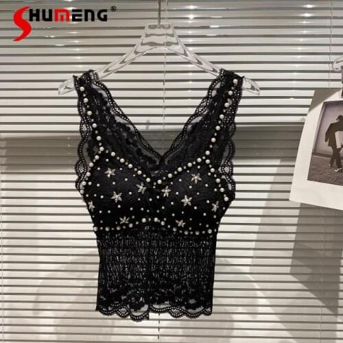 2021 Summer New Rhinestone Beaded Design Lace Mesh Slim Fit Chest Pad Vest Sling Women Clothes Tank Top Woman Sexy