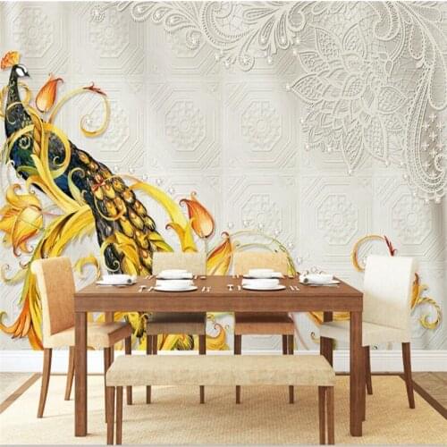 Beibehang Custom Wallpaper European Luxury Leather Carving Diamond Peacock Background Wall Painting Decorative Painting