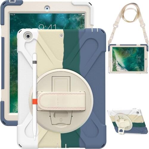 Full Body Protective Shockproof Cover for iPad 9.7 Kid Case 5th 6th Gen Silicone Case with Shoulder Hand Strap and Kickstand+Pen