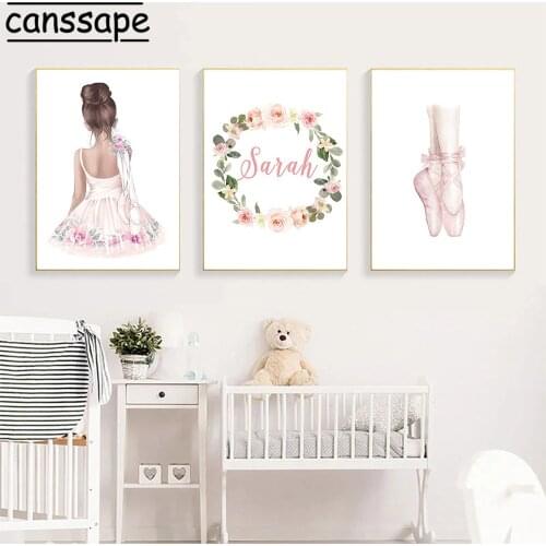 Swan Rabbit Flower Wall Art Posters Ballet Girl Nursery Print Custom Name Canvas Painting Nordic Poster Picture Girl Room Decor