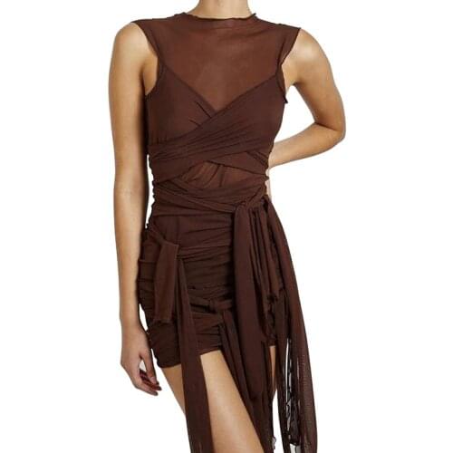 See Through Sleeveless Solid Bandage Patchwork Mesh Mini Dress Women Sexy Party Club Clothings