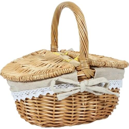 Handmade Wicker Basket with Handle, Wicker Camping Picnic Basket with Double Lids, Shopping Storage Hamper Basket with Cloth Lin