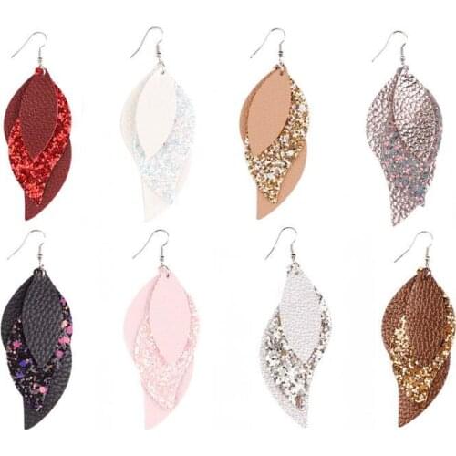 3 Layers Genuine Leather Teardrop Drop Earrings Glittering Leaf Pattern Earrings for Women Hot Fashion Drop Earrings Wholesale
