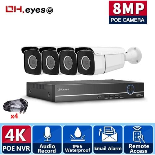 8MP 4K Ultra HD Security Camera System 4ch PoE NVR & 4 PoE IP Bullet Cameras Surveillance 4CH NVR Kit P2P XMEYE