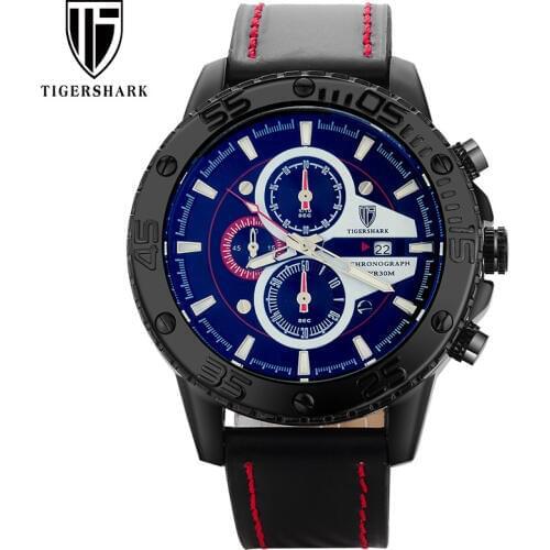 TIGERSHARK New Arrival Watch Men Chronograph Leather Strap Top Brand Sports Watches Luminous 30M Waterproof Fashion Watch