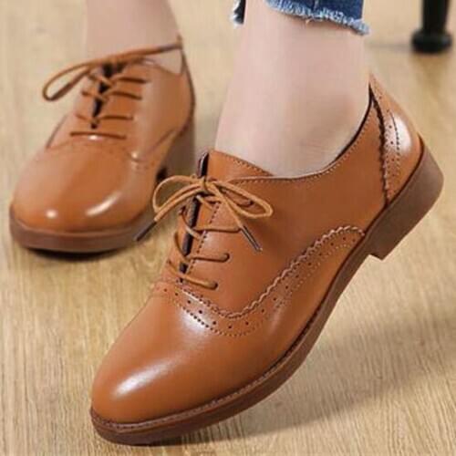 LIHUAMAO Cow leather shoes for women flats shoes Comfort casual lace up round toe derby shoes oxford sneaker office lady party