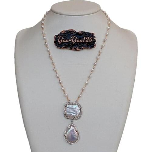 Y·YING natural Freshwater Cultured White Pearl Rosary Chain Necklace cz pave Keshi Pearl Pendant 20"