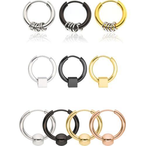 Fashion Stainless Steel Hoop Earrings Small Circle Round Square Beaded For Women Men Punk Hip Hop Ear Jewelry Gifts 1 piece