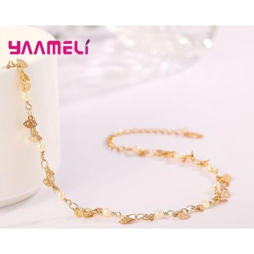 Women Original Solid 925 Sterling Silver Leaf Pearl Charm Bracelet Bangles with Extender Nice Chain Christmas Birthday Gift
