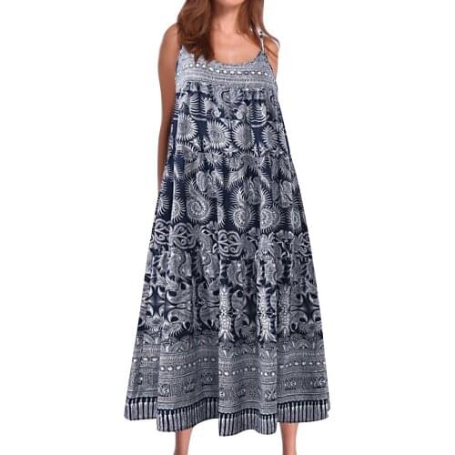 Women Dresses Boho Sleeveless Floral Print Spaghetti Straps Large Hem Loose Long Dress Summer Dress robe femme женское платье