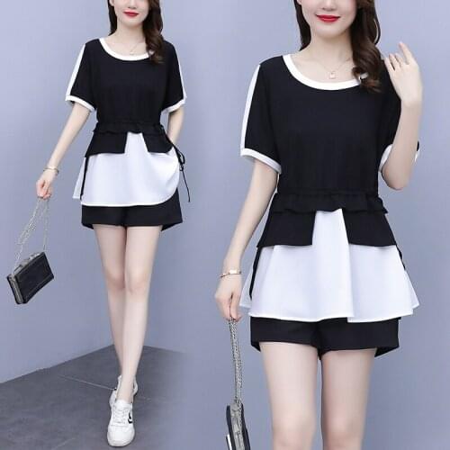 Short Sleeve Round Neck Drawstring Patchwork Top High Waist Loose Short Pant Women Summer Fashion Clothes Set Casual 2 Two Piece