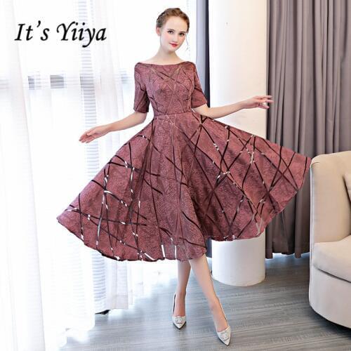 Its YiiYa Luxury O-Neck Half Sleeve Embroidery Zipper Cocktail Dresses A-line Tea Length Formal Dress LX465