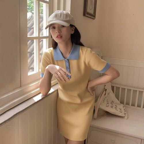 Summer Dress 2021 Contrast Color Button Turn-down Collar Short Sleeve Side Split Bodyocn Dresses For Women