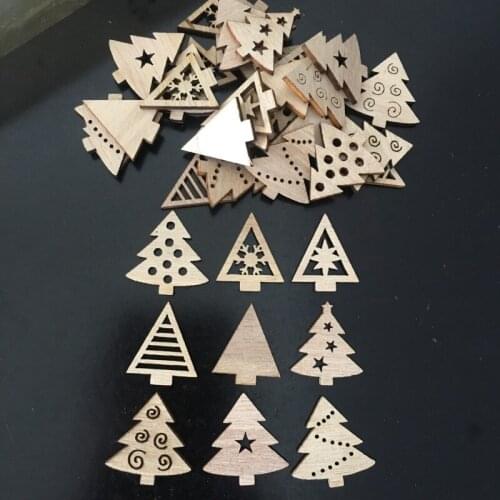 50Pcs DIY Natural Wooden Chip Santa Claus Christmas Tree Hanging Ornaments Pendant Kids Gifts Snowman Tree Shape Xmas Decoration