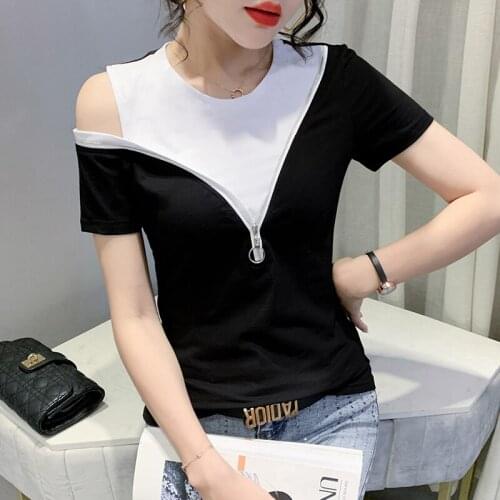#6107 Summer Spliced Color Off Shoulder T Shirt Women Sexy Short T Shirt Femme Slim Cotton False Two Piece T Shirts With Zipper