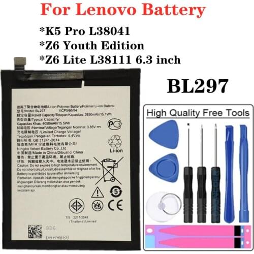 For Lenovo Z6 Youth Edition / Z6 Lite L38111 6.3 inch / K5 Pro L38041 Phone Battery BL297 4050mAh High Quality Batteries + Tools