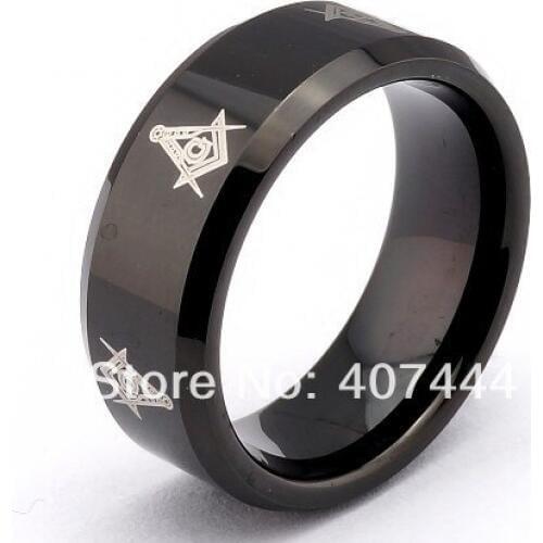 Free Shipping USA UK Canada Russia Brazil Hot Sales New 8mm Bridal Mens Masonic Black Tungsten Engagement Ring Wedding Band
