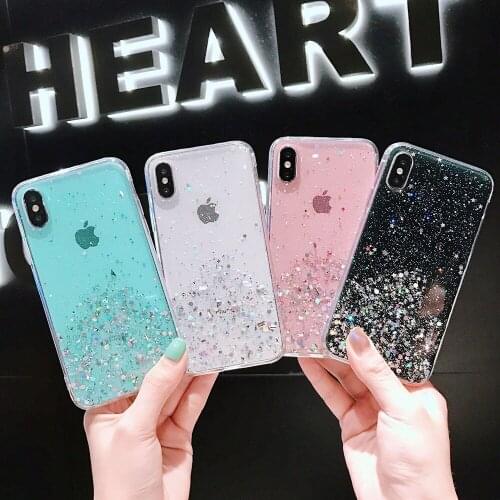 For Apple iPhone 6 6s 7 8 Plus 10 X XS XR Max Bling Glitter Star Moon Sparkle Sequins Soft Clear Silicone TPU Phone Case Cover