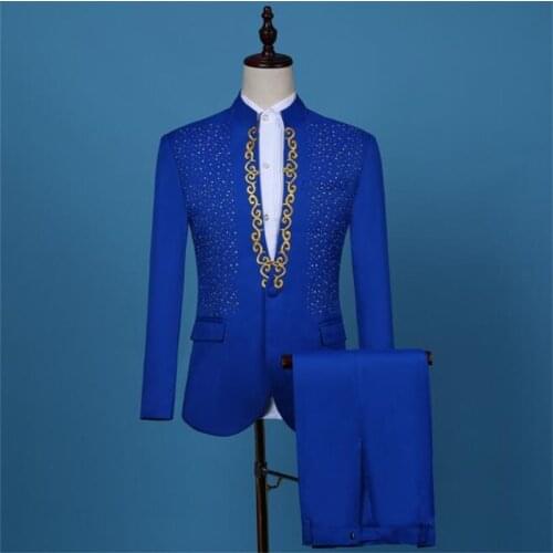 Blazer men diamond embroidery suit set with pants mens wedding suits costume singer stand collar stage clothing formal dress