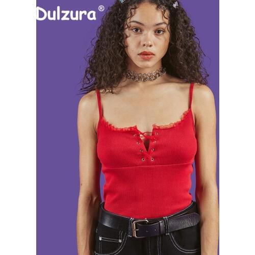 Summer New Red Slim Knit Bodysuit Tops Women Sexy Lace up Spaghetti Strap Splices Bodysuits Small Fresh Halter Jumpsuits