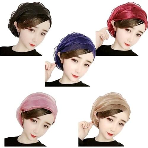 Women Muslim Pleated Mesh Hijab Turban Cap Multi Layer Sheer Tulle Solid Color Stretch Beanie Headwrap Bonnet Chemo Hat