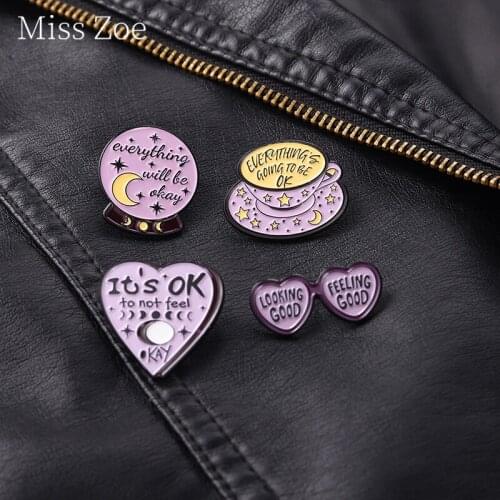 Witch Moon Phase Enamel Pins Inspirational Quotes Crystal Purple Coffee Cup Heart Glasses Brooches Punk Wizard Badges For womans