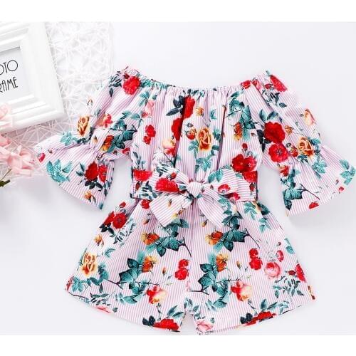 Emmababy Toddler Baby Girl Clothes Summer Off Shoulder Flower Print Short Sleeve Romper Jumpsuit One-Piece Outfit Summer Clothes