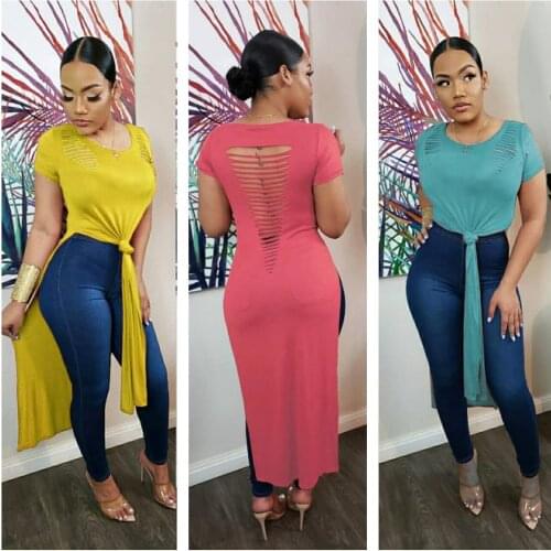 European and American summer new style long blouse womens sexy fashion ripped holes can be used as long skirts