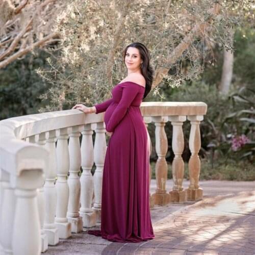 Full Sleeve Cotton Maternity Dress For Photo Shoot Pregnancy Clothes Slash Neck Maternity Photography Long Dresses Slit Front