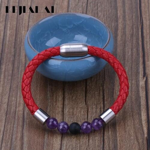 KEJIALAI 8mm Natural Fashion Stone Bead Stainless Steel Charms Genuine Leather Handmade Unisex Bracelet Bangle B5013