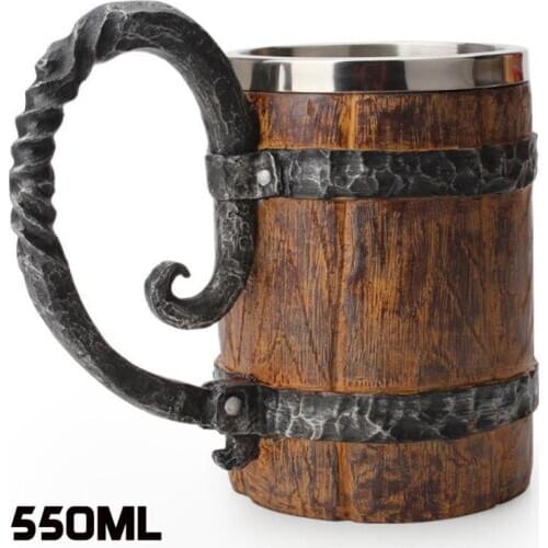 Water Cup Ooden Barrel Stainless Steel Resin 3D Beer Mug Goblet Game Tankard Coffee Cup Wine Glass Mugs 550ml Christmas Gift