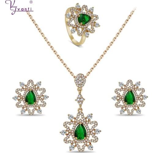 Kfvanfi Fashion Women Wedding Bridal Jewelry Set Stud Earrings Ring Necklaces Rose Green Red Stone Zircon Gold Color Jewelry