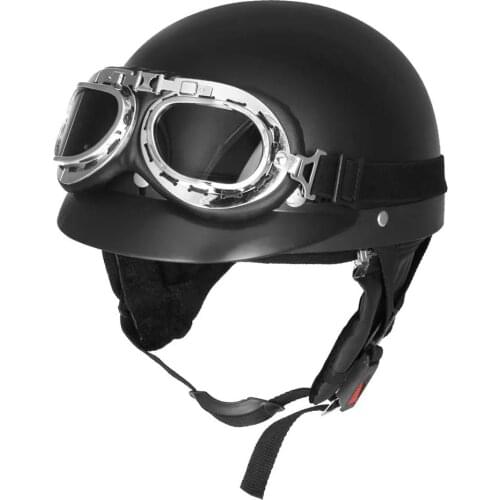 Retro Matt Black Motorcycle Half Face Helmet Biker Scooter With Sun Visor UV Goggles Cafe Racer