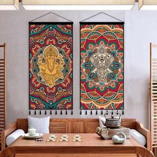 Thai Ethnic Style Wall Art Elephant Canvas Paintings Living Room Decoration Aesthetic hanging scroll painting Wall Tapestry