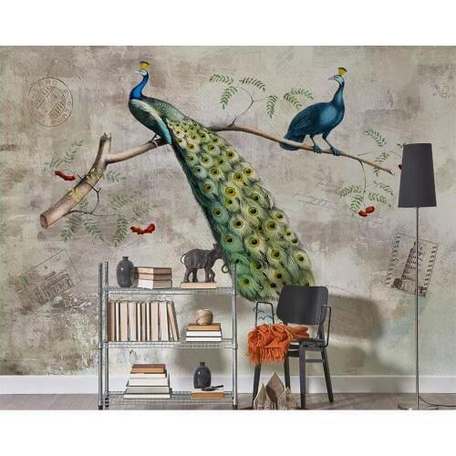 Beibehang Custom wallpaper retro American branches peacock mottled shading TV background wall decoration mural 3d wallpaper