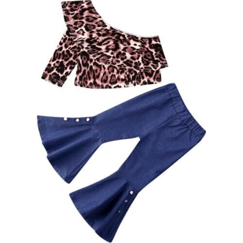 1-6Y Toddler Baby Kid Girl Leopard Clothes Set One Shoulder Ruffles Tops + Flare Pants Outfits Children Costumes
