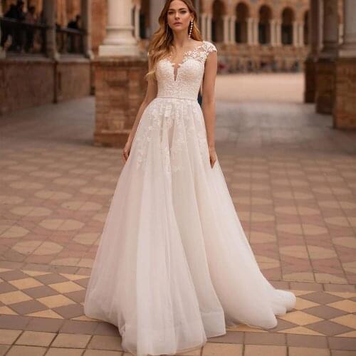 Short Sleeve Wedding Dress Lace Appliques Wedding Gowns Back Button Tulle A Line Bridal Dresses Custom Made Vestido de noiva