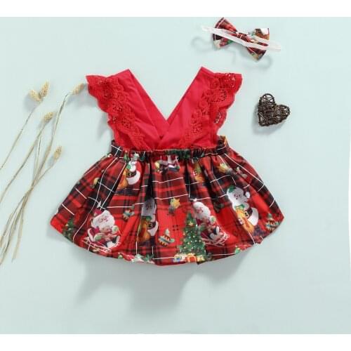 Christmas Infant Baby Girls Cute Rompers Headband 2pcs Lace Sleeve V Neck Santa Plaid Printed Jumpsuits 0-24M