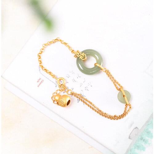 S925 Sterling Silver Creative Peace Buckle Gray Jade Carved Double Happiness Gourd Bracelet Natural Hetian Jade Green Jade Jade