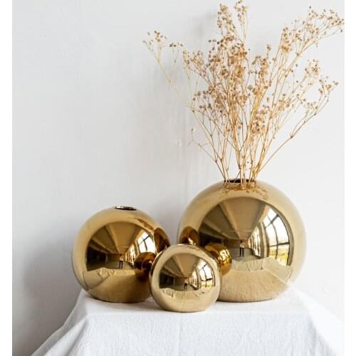 Nordic golden electroplating ceramic vase spherical home decoration accessories wedding decoration flower insert interior decor