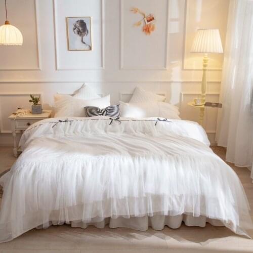 100% Cotton Princess Wedding Bedding Set Multi-layer Lace Bow Duvet Cover Set Quilt Cover Bed Comforter Set Ruffles Bed Skirt