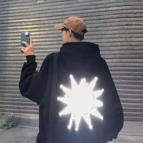 Reflective Hoodie Streetwear Men Hip Hop Oversized Sweatshirt Long Sleeve Sunshine Tops Casual 2021 Spring Japan Hoodies Male
