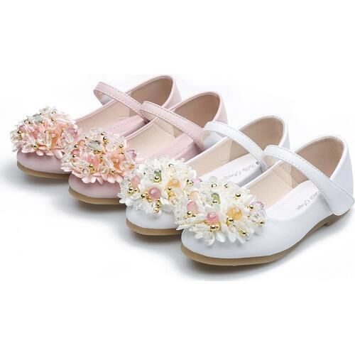 Shoes Girls Kids New Leather Shoes with Flower Shallow Mouth Princess Shoe Non-slip Soft Sole White Pink STX012