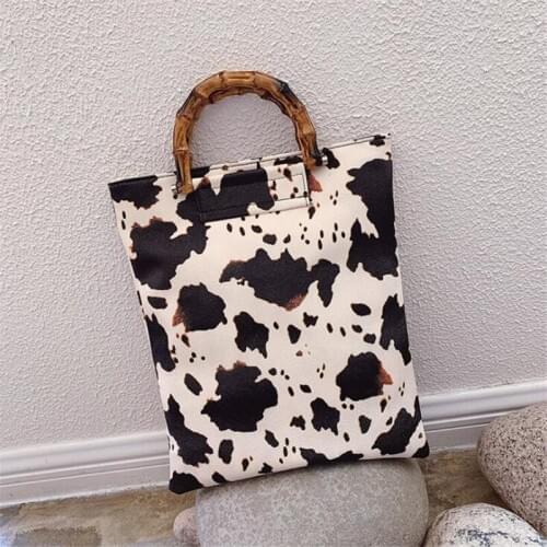 Vintage Design bag Women Bamboo bag fashion Cow Dot Printed tote bag black and white PU leather handbag for women Shopping Purse