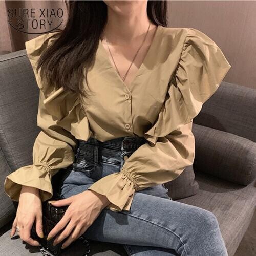 2020 New Autumn Korean Fashion Clothing Ruffles V-neck Long Sleeve Shirt Women Cardigan Elegant Womens Blouse Blusas Mujer 9656