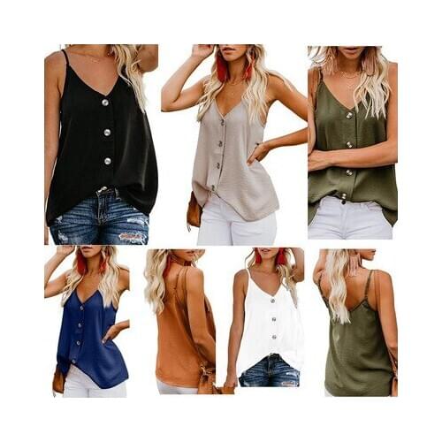 Tshirt Women T Shirt 2020 Amazon Womens Casual V-neck Buttoned Summer Sleeveless Shirt Vintage Tops Women t-shirt YRW6927