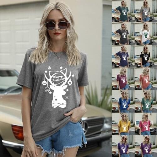 European and American womens loose round collar short sleeve Christmas moose leisure printed T-shirt graphic t shirts