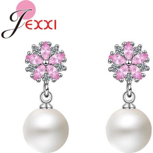 New Trendy Sweet Romantic Pearl Pendant Earrings 925 Sterling Silver Pink Cubic Zircon Women Girls Valentines Day Gift