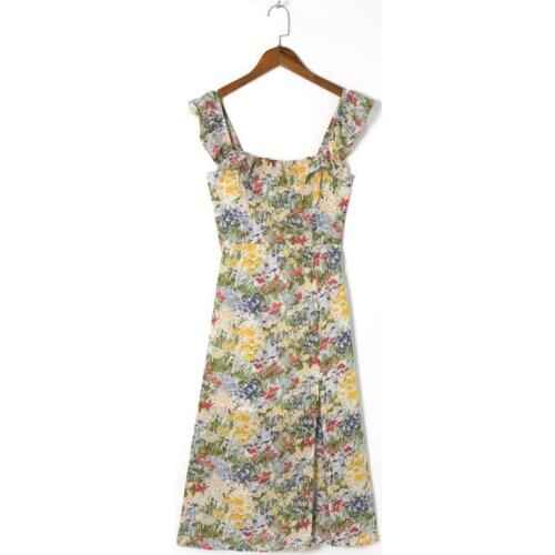 Summer Womens Casual Printed Square Neck Ruffled Slim Sling Dress